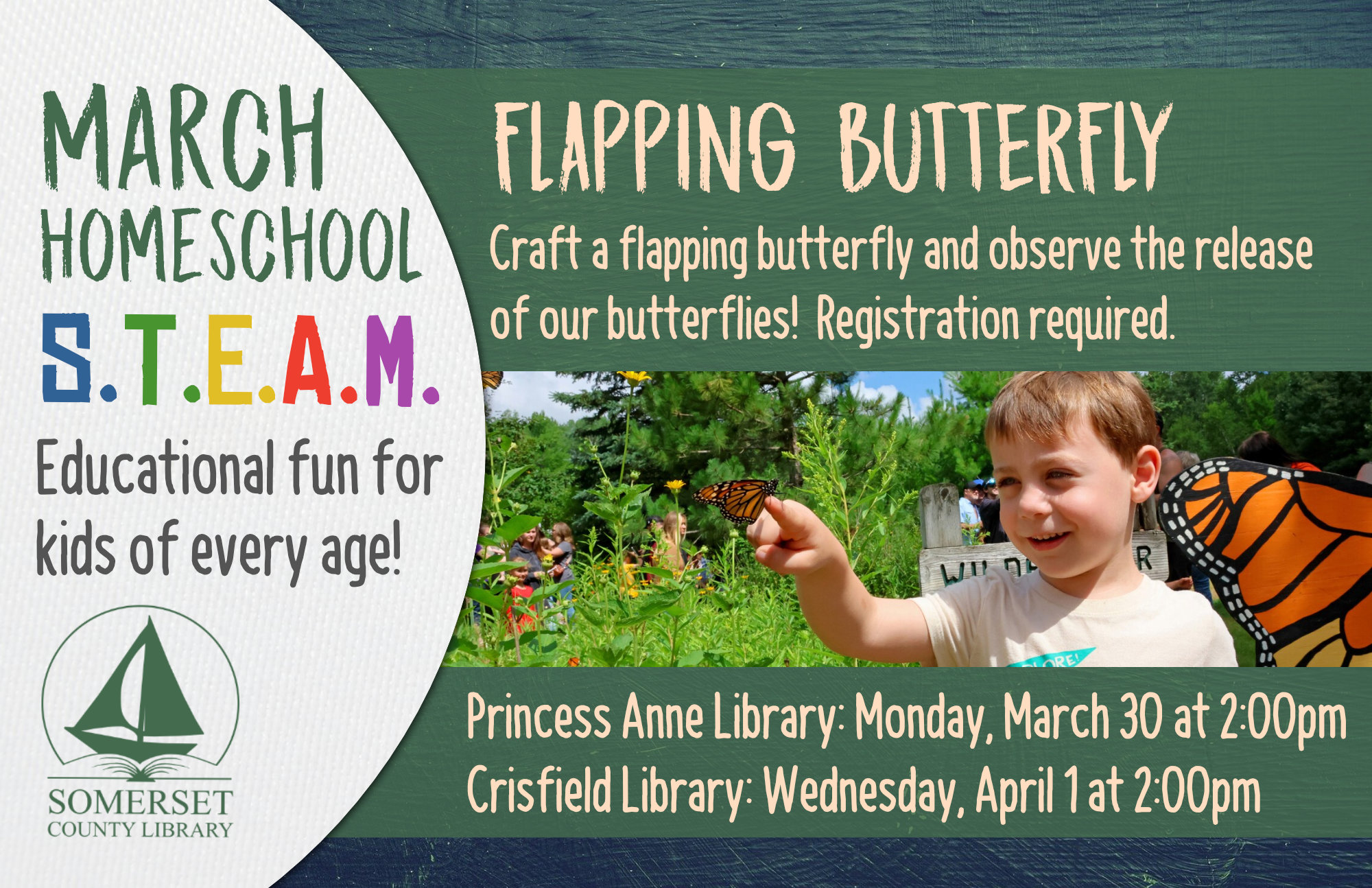 Homeschool STEAM PRINCESS ANNE: Mondays at 2:00 CRISFIELD: Wednesdays at 2:00 Educational fun for kids of every age! Stop by to register or call your local branch. FLAPPING BUTTERFLY Craft a flapping butterfly and observe the release of our butterflies! Princess Anne: March 30 Crisfield: April 1