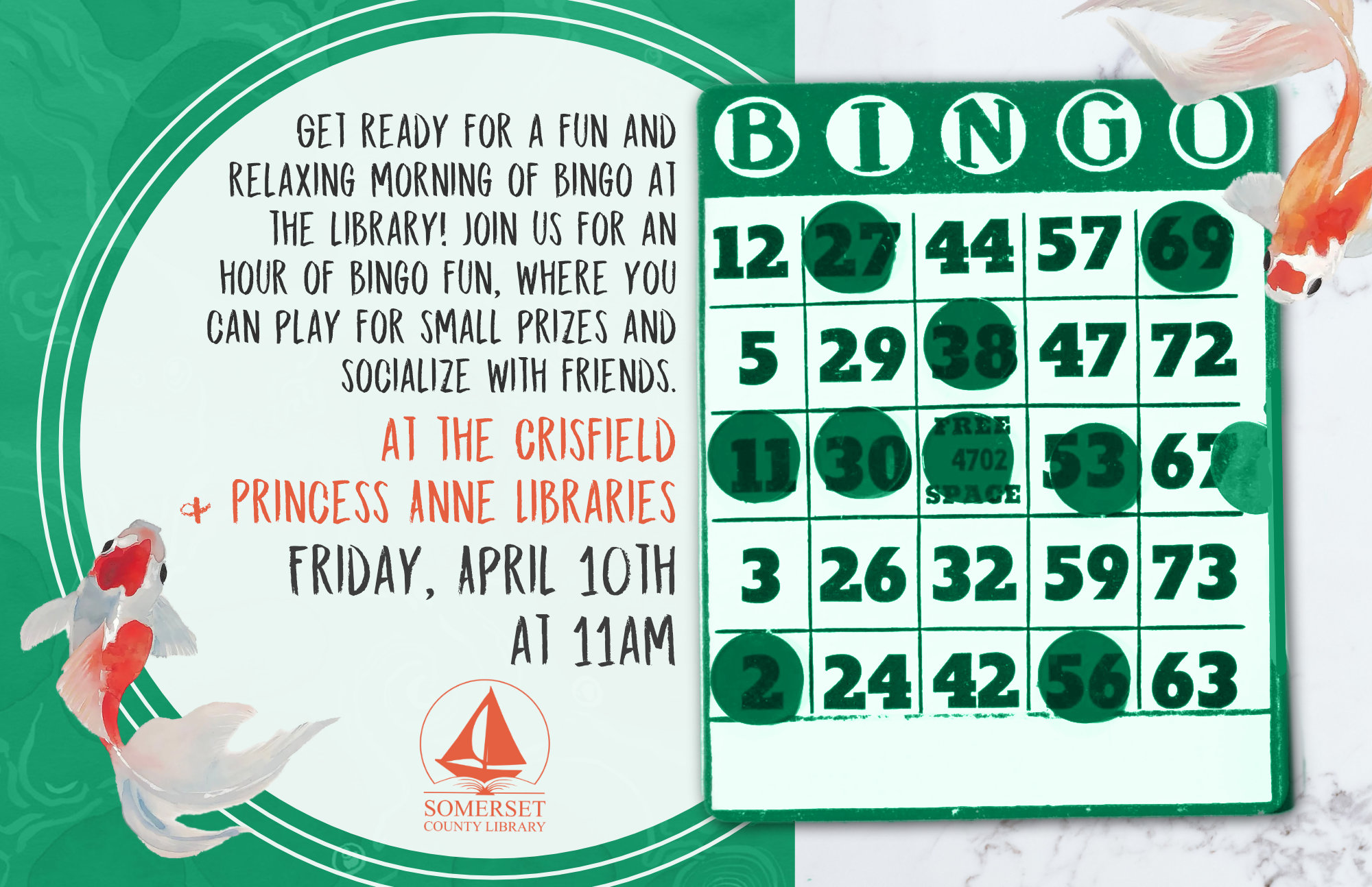 BINGO CRISFIELD & PRINCESS ANNE Friday, April 10th at 11am Get ready for a fun and relaxing morning of bingo at the library! Join us for an hour of bingo fun, where you can play for small prizes and socialize with friends.