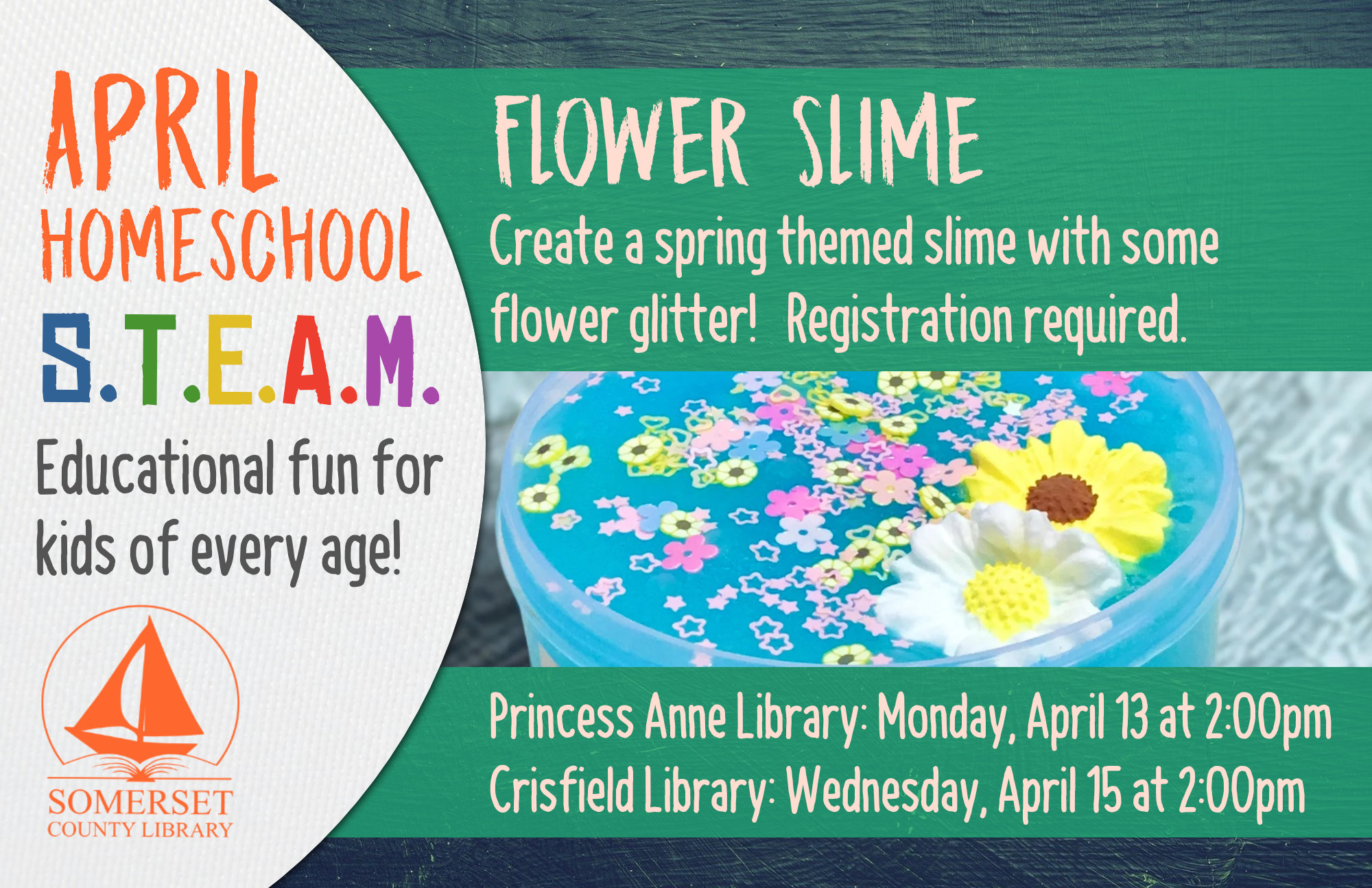 Homeschool STEAM PRINCESS ANNE: Mondays at 2:00 CRISFIELD: Wednesdays at 2:00 Educational fun for kids of every age! Stop by to register or call your local branch. FLOWER SLIME Create a spring themed slime with some flower glitter! Princess Anne: April 13 Crisfield: April 15