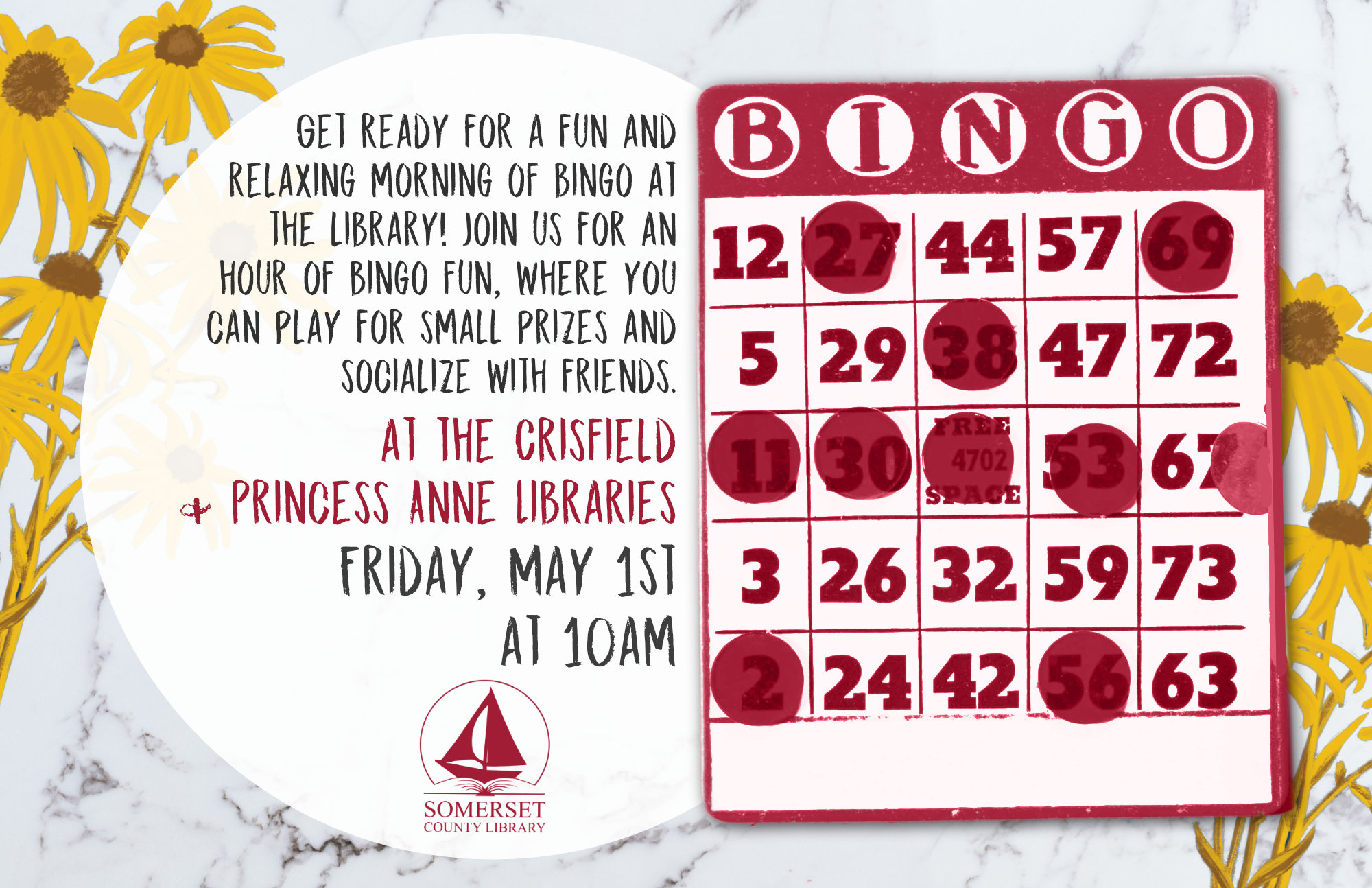 Crisfield & Princess Anne Friday, May 1st at 10am Get ready for a fun and relaxing morning of bingo at the library! Join us for an hour of bingo fun, where you can play for small prizes and socialize with friends.