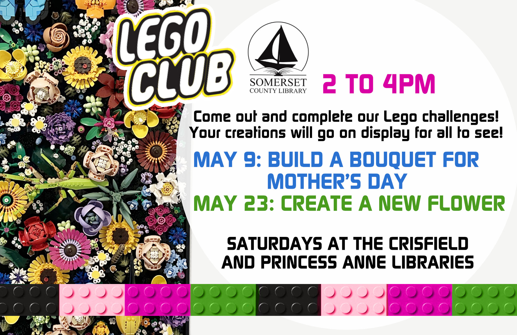 LEGO CLUB Come out and complete our lego challenges! Your creations will go on display for all to see! Both branches: Saturdays 2-4 pm May 9- Build a bouquet for Mother’s Day May 23- Create a new flower June 13- Build a dinosaur June 27- Design a habitat for a dinosaur