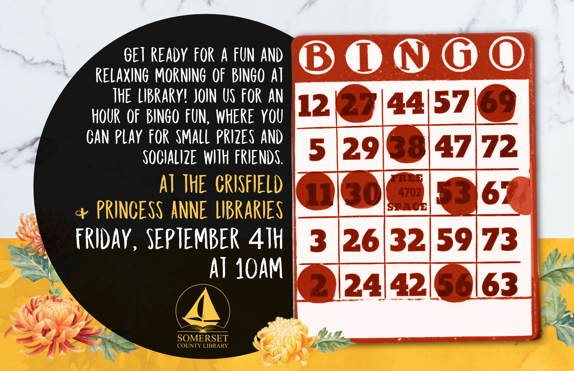 Bingo Crisfield & Princess Anne Friday, September 4th at 11am Get ready for a fun and relaxing morning of bingo at the library! Join us for an hour of bingo fun, where you can play for small prizes and socialize with friends.