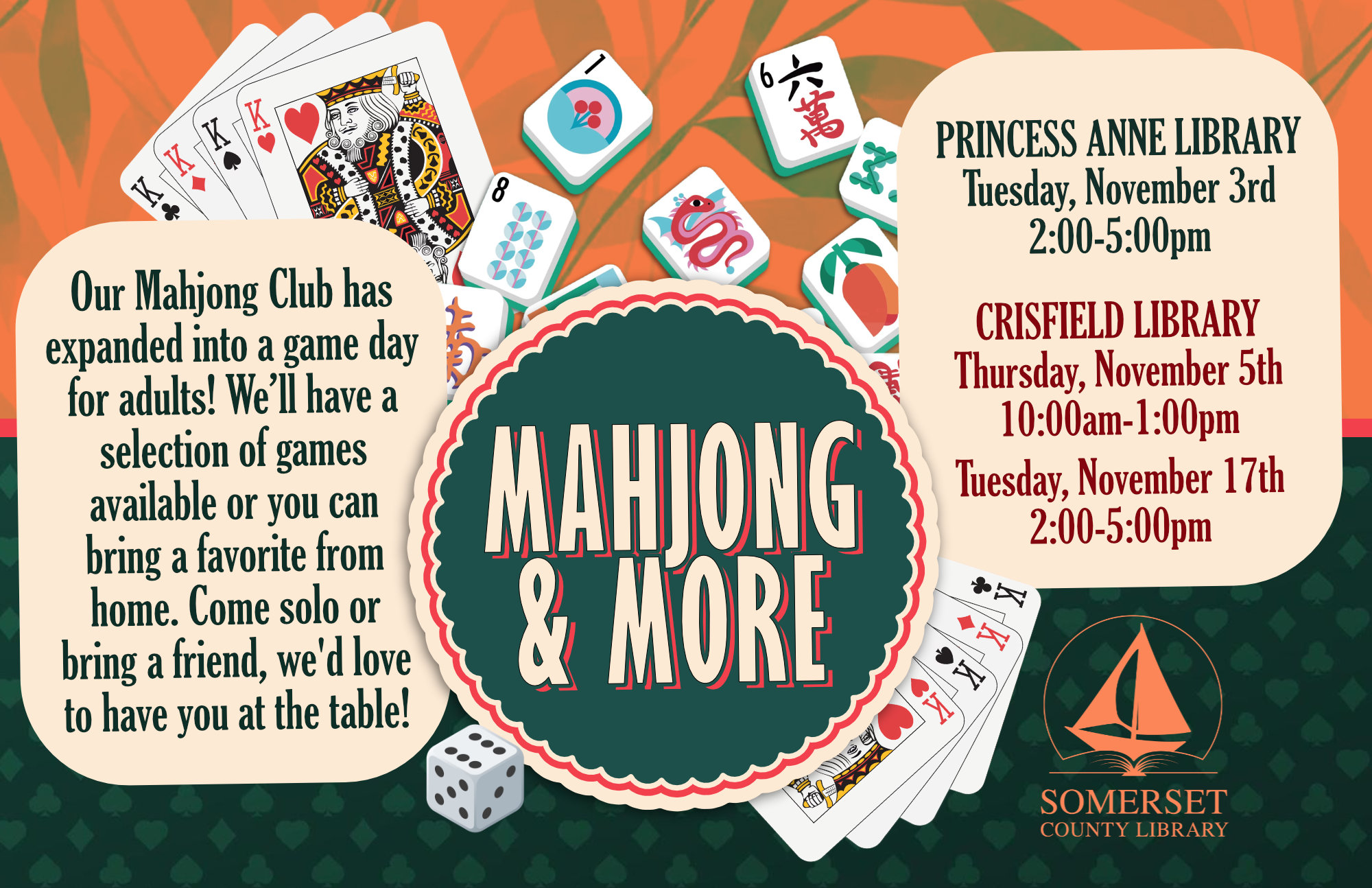 Join us for a game day for adults! We’ll have a selection of games available or you can bring a favorite from home. Come solo or bring a friend, we d love to have you at the table!